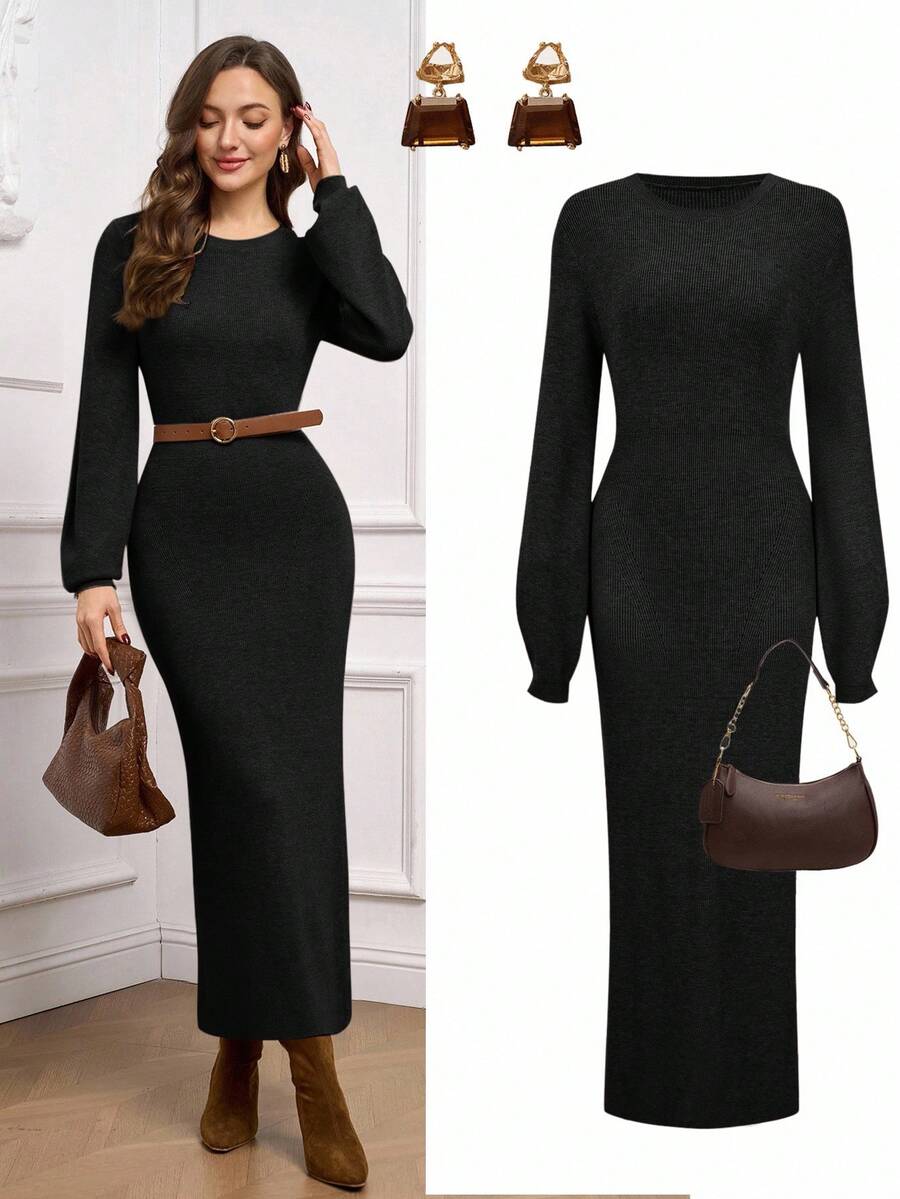 Ellevyn Elegant Solid Color Lantern Sleeve Fitted Knit Dress, Autumn/Winter - Black - View 1