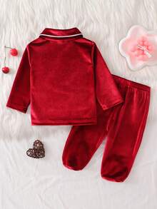 2 件套新生女童可爱蝴蝶结图案长袖上衣和裤子休闲舒适睡衣套装 - 酒紅色 - 查看 2