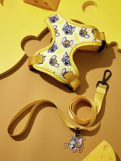 TOM & JERRY X SHEIN 1 zestaw pasków i smyczy podróżnych dla zwierząt z nadrukiem sera, różne rozmiary do wyboru, długość paska regulowana, odpowiedni dla kotów i psów