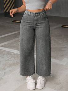 SHEIN ICON Quần jean ống rộng viền tua rua thường ngày cỡ lớn cho nữ - Màu Xám nhạt - Xem 7