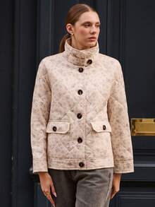 lacRébo Cream Quilted Floral Print Jacket With Button Front And Flap Pockets Cosy Style Autumn Winter Warm Jacket Going Out Outfits - Multicolor - View 3