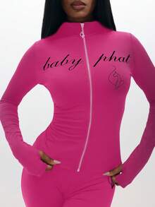 BABYPHAT Long Sleeve Zip Up Top With Text Print And Full Length Wide Leg Design - Hot Pink - View 5
