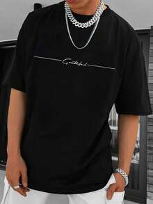 Manfinity Homme Plus Size Men's Letter Print Round Neck Short Sleeve Casual T-Shirt - Black - View 3