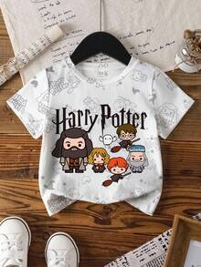 HARRY POTTER X SHEIN Young Girl Summer Allover Print Short Sleeve T-Shirt - White - View 1