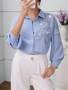 Modelyn Elegant Blue Studded 3D Sequins Floral Drop Shoulder Sleeve Fashionable Women Blouse - Blue - View 3