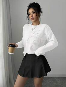 Elenzga 女式圆领花卉图案纯色套头毛衣 - 白色 - 查看 4