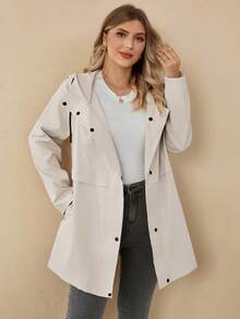 Rosumi Plus Size Women's Solid Color Long Sleeve Single-Breasted Casual Hooded Trench Coat, Casual Minimalist Style For Everyday Wear,Going Out, Hooded Long Coat For Women, Women Trench Coat With Hood,Fall Clothes For Women