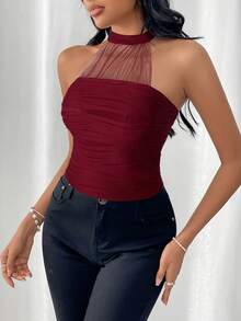 SHEIN Privé 优雅纯色网眼针织吊带上衣 - 酒紅色 - 查看 3