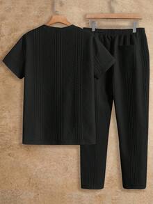 HIMLAND 2件套针织休闲纯色圆领短袖T恤，夏季日常穿着 - 黑色 - 查看 2