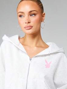 Missguided x Playboy 女士超大款短款拉链连帽衫，带抽绳帽，休闲居家服/街头服饰 - 灰色 - 查看 3