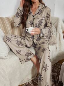 Serenescape Women's Bubble Crinkle Floral Print Long Sleeve PJS Women Lounge Wear Sets PJS PJSs For Women, Fall & Winter Clothes Brown PJSs Curve PJS - Multicolor - View 3