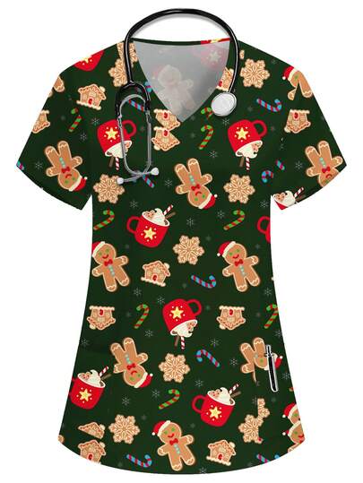 PopScrub Christmas V-Neck Short Sleeve Double Pocket Cute Gingerbread Man, Dessert, Candy Cane, Snowflake, Cartoon Print Nurse/Doctor Uniform Scrub Top/ Examination Surgical Uniform/Women Solid Color Pet Grooming Uniform Top/Nutritionist Workwear Short Sleeve/Lab Coat With Multi-Pockets, Functional Workwear, Functional Women Holiday