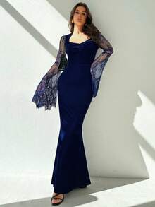 Firerie Váy đuôi cá ren tay loe cổ tim màu đen phong cách Gothic thanh lịch gợi cảm dự tiệc, eo nhung, thích hợp cho Halloween, mùa thu/đông - Màu xanh hải quân - Xem 4