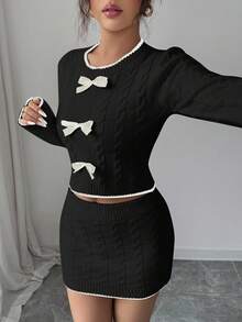 Elenzga Set de 2 piezas de suéter elegante con ribete de contraste de cable trenzado y falda ajustado para mujer en otoño/invierno - Negro - Ver 6