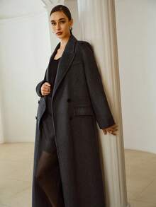 ZEYLAH Abrigo largo extra de mujer con cuello en pico y doble botonadura, informal, para otoño/invierno - Gris Oscuro - Ver 5