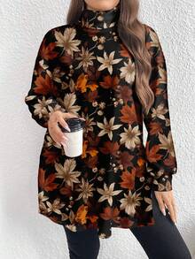EMERY ROSE Elegant Vintage Maple Leaf Print Casual Minimalist Plus Size Turtleneck Long T-Shirt, Spring/Autumn - Multicolor - View 1