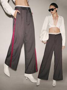 Lumivelle 条纹印花口袋褶裥休闲女裤 - 灰色 - 查看 9