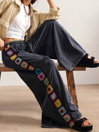Bohemela Pantalones anchos de punto sueltos con lavado negro, estilo bohemio, de patchwork de ganchillo, para mujer, de estilo vintage, para festival de música, Navidad y casual, de estilo occidental y campestre, adecuados para vacaciones, uso diario y vuelta al colegio, Halloween y Navidad