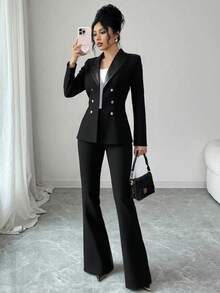 EURMUSE Women's Solid Single Breasted Fitted PU Collar Flare Leg Good Quality Elegant Suit Set - Black - View 1