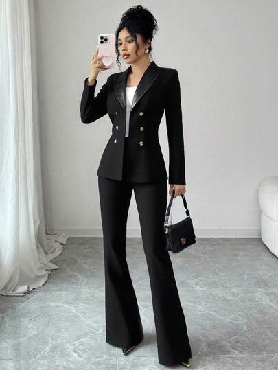 EURMUSE Women's Solid Single Breasted Fitted PU Collar Flare Leg Good Quality Elegant Suit Set