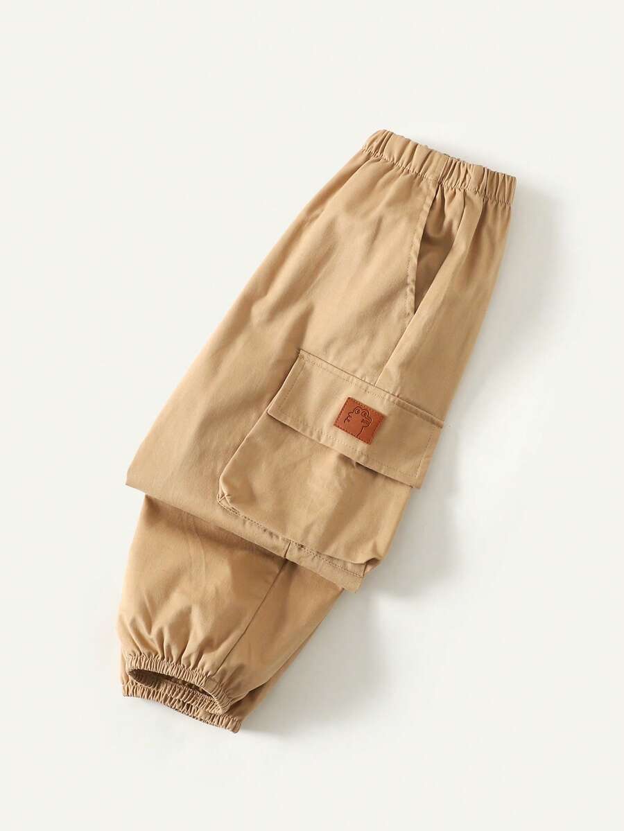 Maija Kids Young Boy Khaki Cargo Pocket Animal Graphic Loose Casual Pants Fall Winter