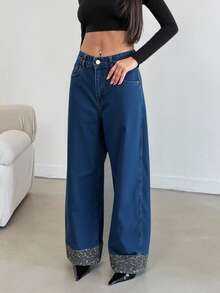 EURMUSE Women's Pocket Loose Wide Leg Casual Versatile Jeans - Navy Blue - View 3