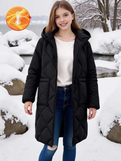 Teen Girl Casual Basic Everyday Homewear Diamond Pattern Long Padded Coat, Warm For Autumn/Winter