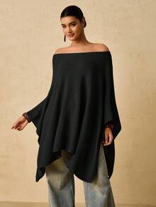 Travachic Lässiger Oversized Off-Shoulder Loser Weißer Poncho Pullover für Damen, Herbst/Winter - Schwarz - Übersicht 3