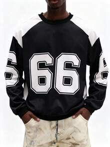 SUMWON 男士圆领数字印花套头卫衣，撞色拼接设计，休闲百搭 - 彩色 - 查看 5