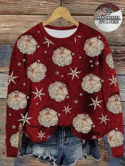 EMERY ROSE Suéter grueso falso de mujer con estampado 3D de Papá Noel con perlas, cuello redondo, manga larga, cómodo para el invierno, adecuado para fiestas navideñas y reuniones familiares, perfecto para Navidad