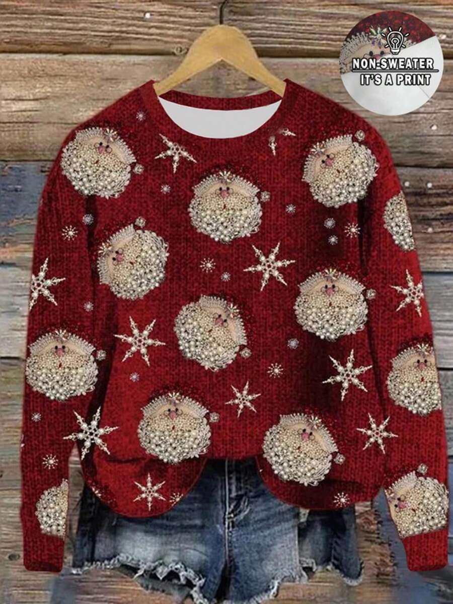 EMERY ROSE Damen Faux Dicker Pullover mit 3D Perlen Weihnachtsmann Muster, Lässig Rundhals Langarm Pullover, bequem für den Winter, geeignet für Weihnachtspartys und Familientreffen, perfekt für Weihnachten - Verschiedenfarbig - Übersicht 1