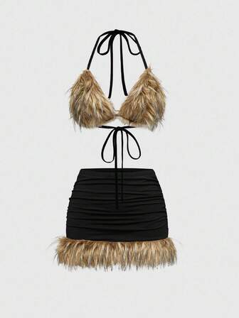 ROMWE Avant Set da 2 pezzi da donna con reggiseno a triangolo soffice e vita super bassa, stile hippie chic