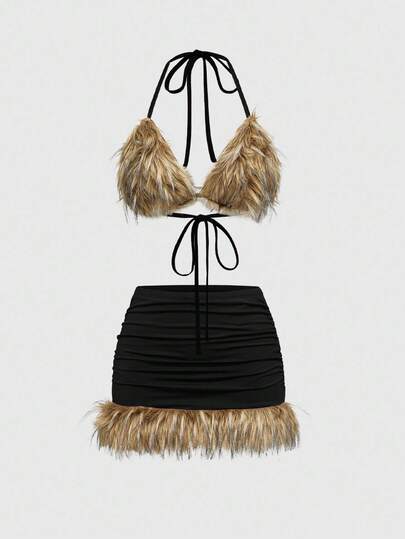 ROMWE Avant Ensemble 2 pièces femme taille basse avec Top triangle moelleux et style hippie chic