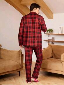 CoupledUp Karierter Langarm-Pyjama-Set aus Hemd und Hose für Herren, Lässig-Stil, Herbst/Winter, Weihnachtskleidung