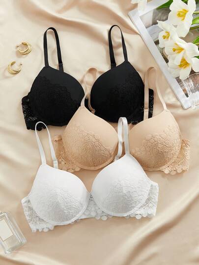 DesireSculpt 3件套女士蕾丝拼接钢圈文胸，性感提拉支撑文胸