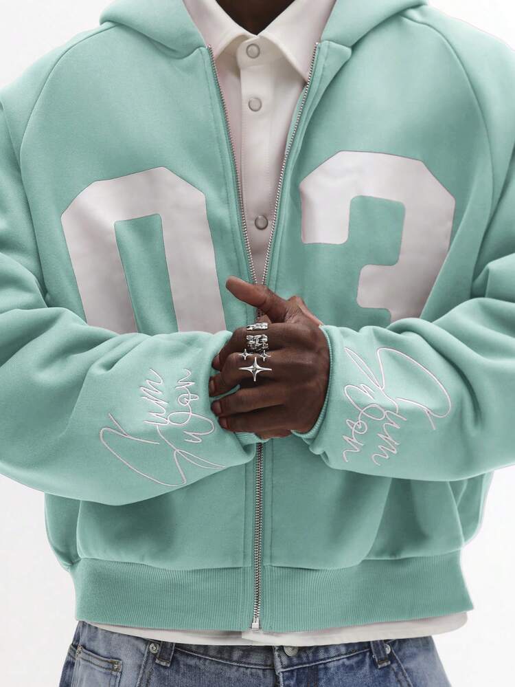 SUMWON Drop Shoulder Oversized Zip Up Hoodie With Number Print And Script Text For Casual Streetwear
