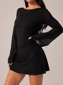 SHEIN PETITE Elegant Bowknot Backless Glam Mini Dress, Bodycon Fit, Suitable For Parties ,Petite Women - Black - View 8
