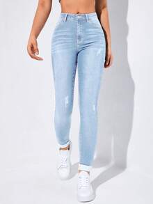 Flexra Spring High Waist Slant Pocket Ripped Skinny Jeans - Light Wash - View 6