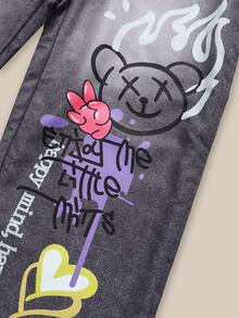 SHEIN Explorewe Retro American Patchwork Print Casual Sports Street Graffiti Print Denim Loose Straight Leg Relaxed Fit Bib Overall Pants - Black - View 7