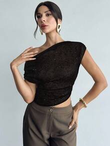 Firerie Áo cánh nữ thanh lịch lãng mạn, đi làm, đi chơi, đi nghỉ, đi chơi thường ngày, đa năng, chất liệu vải jacquard sequin, họa tiết bất đối xứng, cổ bẻ, mùa hè - màu đen - Xem 7