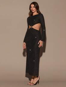 SHEIN BAE Rochie elegantă de damă, neagră, pufoasă, cu mânecă lungă, decolteu rotund, talie decupată, cataramă metalică, tiv cu coadă de pește, potrivită pentru cocktailuri, întâlniri romantice, ținute în straturi de toamnă/iarnă, petreceri, întâlniri formale, cluburi de noapte, Halloween, Crăciun - Negru - Vizualizare 3