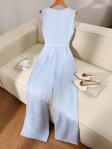 SHEIN Clasi Women's Elegant Satin Crystal Metal Button Decorated Blazer Vest & Jumpsuit Set, Fashionable