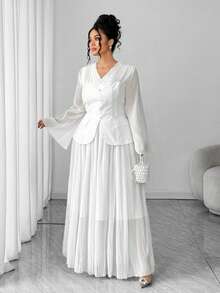 Elenzga Plus Size Women Solid Color Single-Breasted Flare Sleeve Jacket And Midi Skirt Elegant Suit - White - View 7