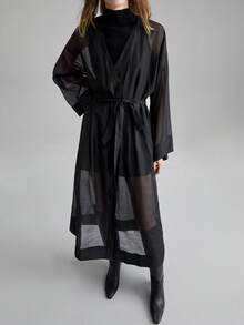 Ontre Women's Black Loose Comfortable Soft Fabric Crossover Collar Kimono Style Oversized Long Sleeve Cuffs Design Modern Urban Casual Business Office Wear Low-Key Vintage High-Quality Chic Commuting Airport Minimalist Comfortable Series Chill Women Long Windbreaker Jacket Low-Key And Durable Basic Style, All-Match And Suitable For Everyone, Street Fashion Wear, Coffee Shop Wear, Relaxed Wear All-Season Low-Key And Durable Basic Style, All-Match And Suitable For Everyone, Street Fashion Wear Organza D - Black - View 3