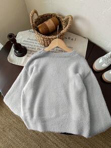 Tween Girl Star Pattern Round Neck Drop Shoulder Sweater, Sibling - Grey - View 3