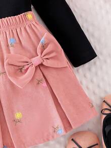 SHEIN Elladie kids 小女孩可爱休闲短袖罗纹上衣和刺绣半裙套装，舒适甜美 - 黑色 - 查看 4