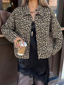 Livesso Women's Loose Casual Leopard Print Denim Jacket