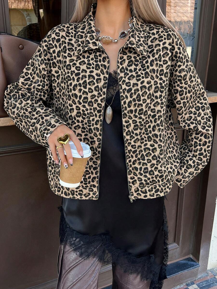 Livesso Women's Loose Casual Leopard Print Denim Jacket