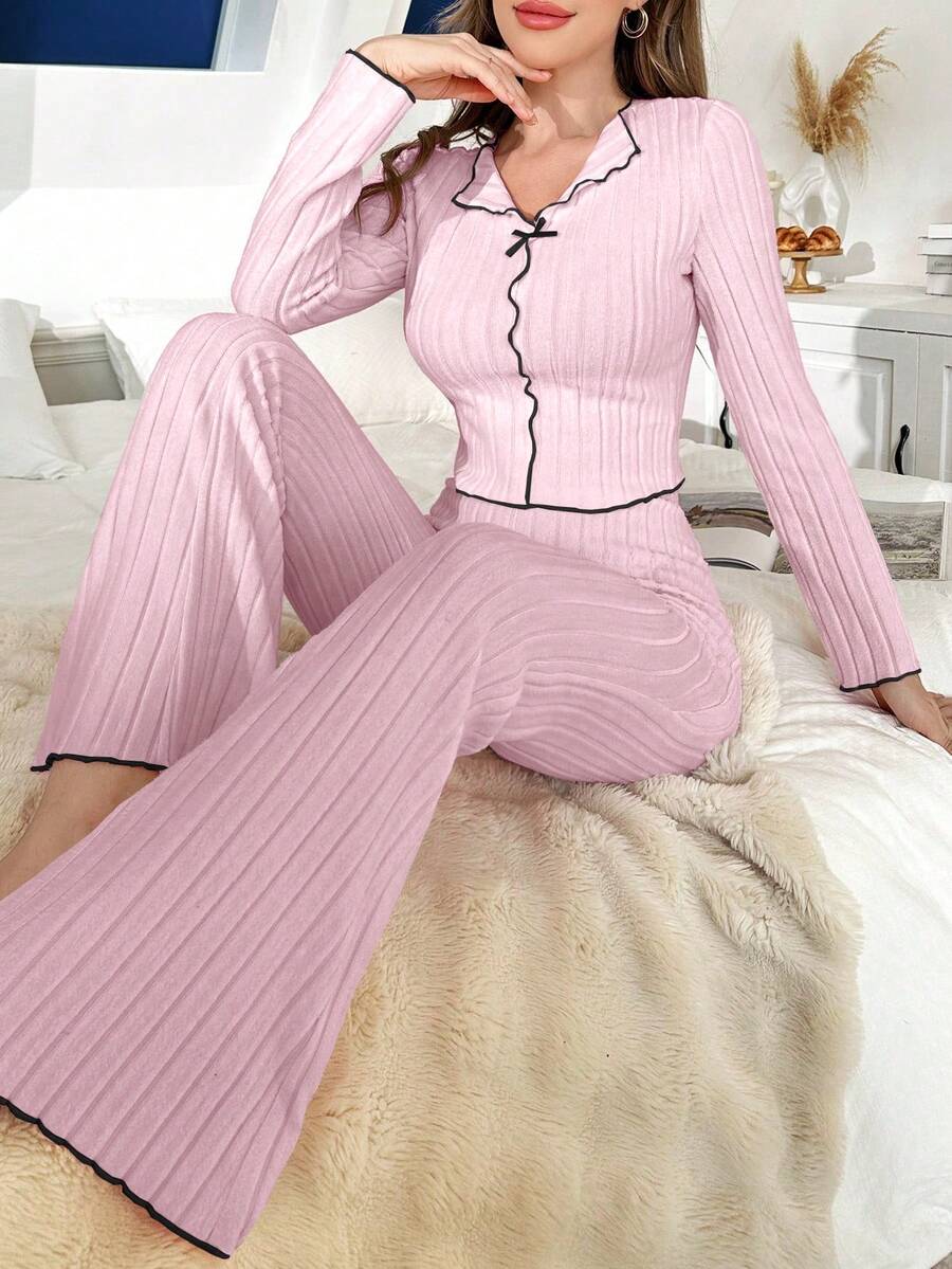 1 Set Women's Solid Color Brushed V-Neck Slim Fit Long Sleeve Lounge Set, Winter Clothes - Baby Pink - View 1