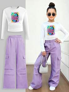 SHEIN Explorewe 两件套：卡通涂鸦动漫风格汽水字母印花露脐长袖上衣和直筒工装裤套装，时尚休闲女童装，秋冬款 - 彩色 - 查看 3